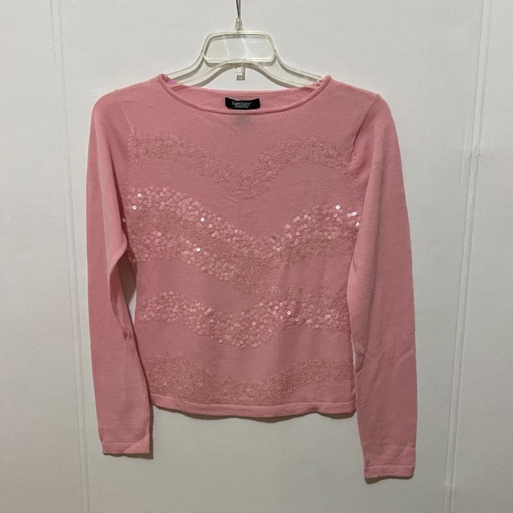 Karen Kane Pink Sequin Front Pull-over Wool Sweater